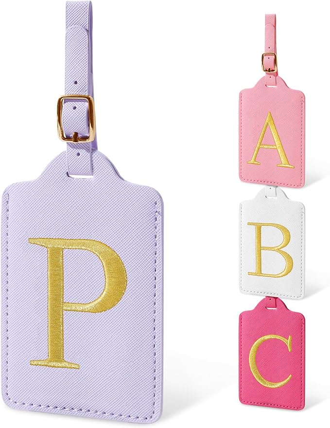 Initial Letter Luggage Tags for Suitcases, Personalized Embroidered Letter Luggage Bag Suitcase Identifier Name Tag, Cute PU Leather Travel Luggage Tags, Bag Tags for Luggage Handbags(Purple P)