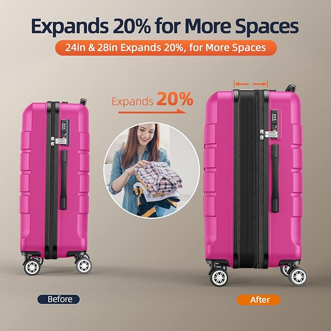 SHOWKOO Full PC Hardshell Luggage Sets, 20/24/28 In Suitcase with TSA Lock & Spinner Wheels, Lightweight Durable Travel Luggage Megenta