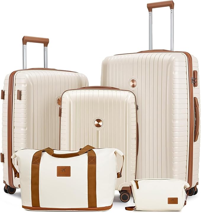 Joyway Luggage Sets 5 Piece PP Hardshell Carry on Suitcase, Travel Lightweight Carry-on with Double Spinner Wheels and TSA Lock, Beige Brown