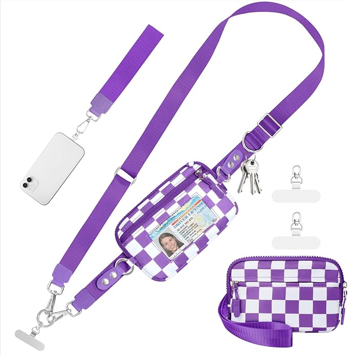 Tiostep Clip and Go Strap for Phone with Wallet Crossbody Phone Lanyard and Detachable Checkered Bag with ID Window and RFID Pouch for Daily Travel.