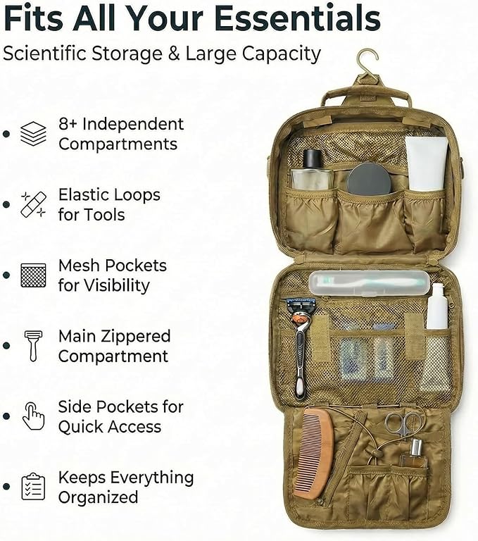 Mens Toiletry Travel Bag, Tactical Toiletry Bag for Men, Bathroom Hanging Travel Toiletry Bag for Men Shaving Hygiene Bag Travel Toiletry Organizer Short Trips Bag, Brown