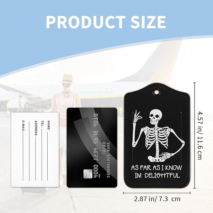 2 Pcs Luggage Tag for Suitcases, Funny Skull Skeleton PU Leather Suitcase Tag Privacy Cover ID Label with Metal Loop, Personalized Baggage Identifier for Women Cruise Bag Travel Essentials