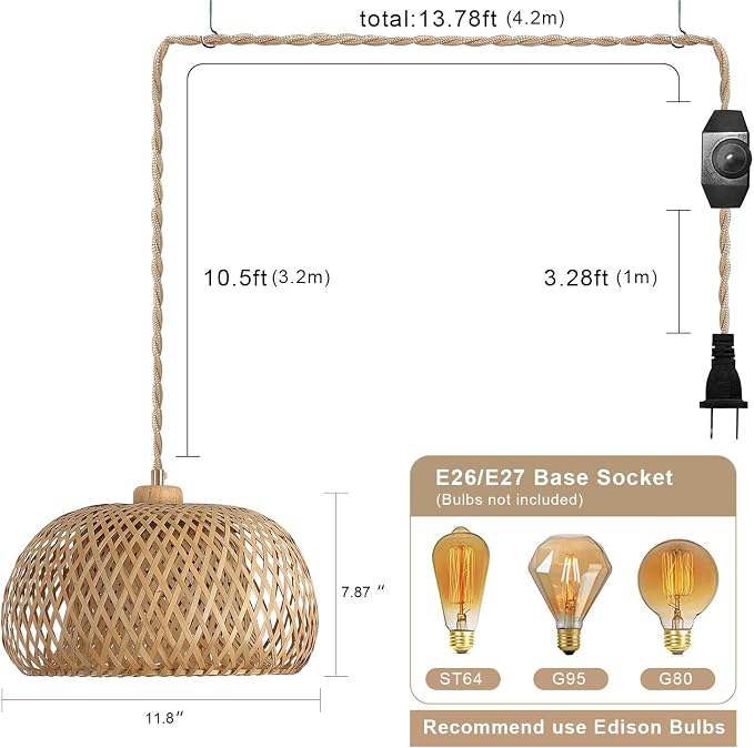Bamboo Plug in Pendant Light with 14ft Handmade Woven Light Cord, Dimmable Switch, Boho Basket Hanging Lamp for Bedroom Kitchen Island Decor Farmhouse Living Room