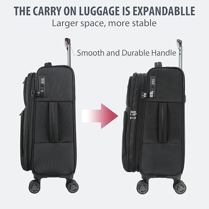 KROSER Softside Expandable checked Luggage with Front Business Pockets，24 Inch Suitcases with Spinner Wheels & Built-in TSA Lock, Durable Suitcase Rolling Luggage, Black