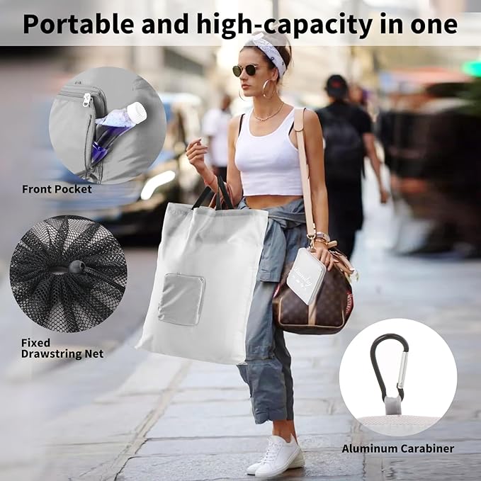 Travel Laundry Bags, 2Pcs JHX Foldable Dirty Clothes Bag 【Upgraded】 with Fixed Drawstring Net, Handles and Carabiner, Portable Laundry Bags for Travel, Fitness, and Students (Gray) 30"H x 21"W