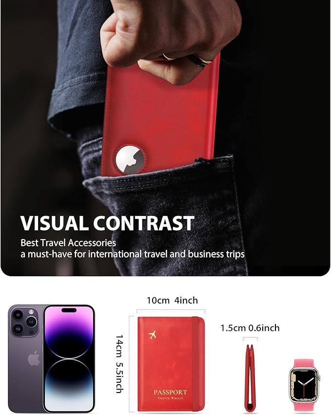 Stouchi AirTag Passport Holder, Simple Passport Holder with Airtag Slot, RFID Passport Wallet Cover for Women, Family Leather Passport Protector Case, Anti-Lost Travel Accessories, Red
