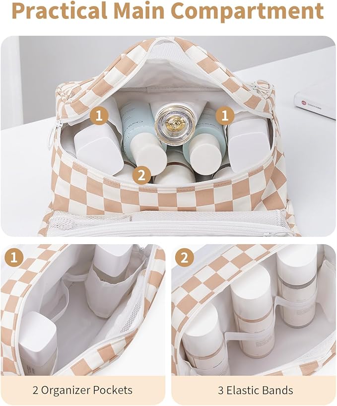 Narwey Small Hanging Travel Toiletry Bag for Traveling Women, Checkered Travel Bag for Toiletries, Makeup Bag Organizer Make Up Cosmetic Bags (Light Brown Checkerboard)
