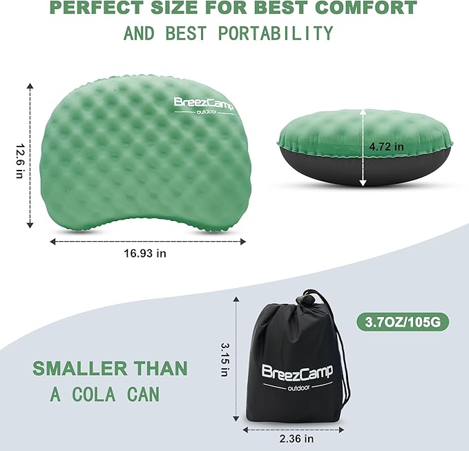 Ultralight Inflatable Camping Pillow with Soft Cover, Compact Compressible Portable Travel Air Pillow, Blow Up Camp Pillows for Outdoor Camp Sport Hiking Backpacking Travel Essential Green