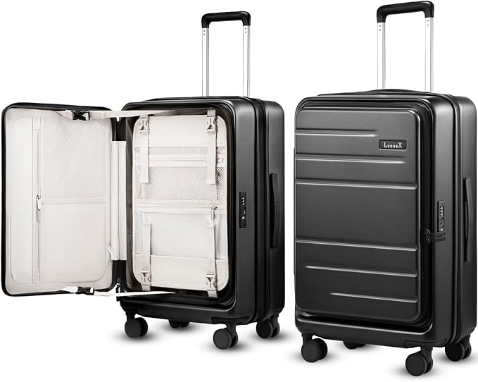 LUGGEX Checked Luggage with Spinner Wheels, FLO5 Top Opening Expandable Polycarbonate Hard Shell Suitcase with TSA Approved Lock (FX-Core, Black, 24 Inch)