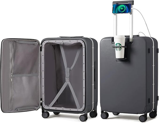 mixi Checked Luggage with Cup Phone Holder and Charger Hard Shell Suitcases with Spinner Wheels, 24 Inch Rock Gray