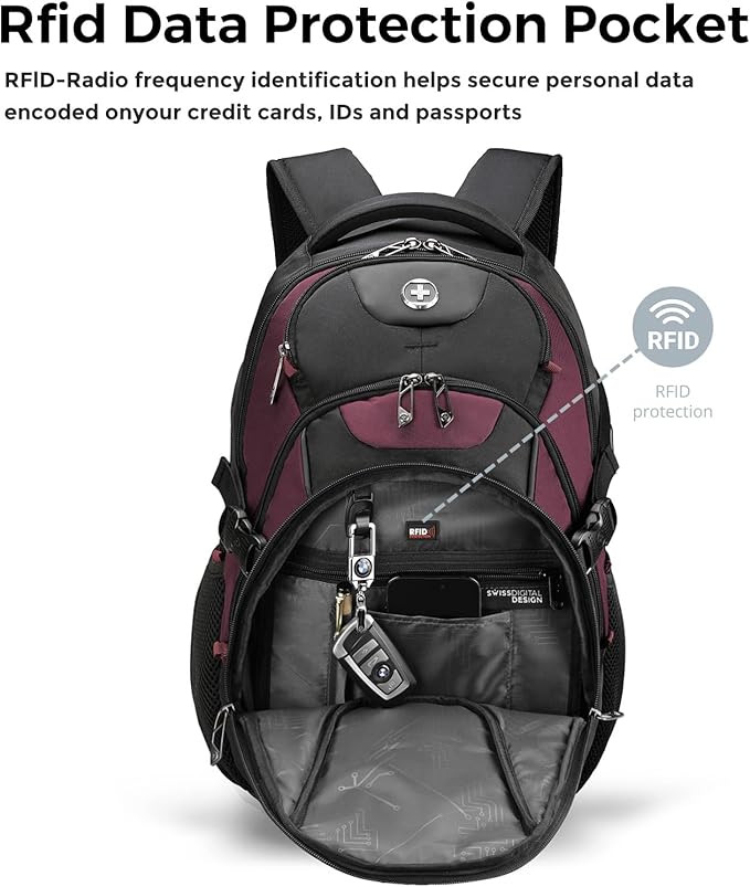 Swissdigital Design Laptop Backpack with USB Charging Port, Travel Backpack Fits 15.6 inches Computer, 31L College School Backpack for Women, Angola red/Black | SD803-44