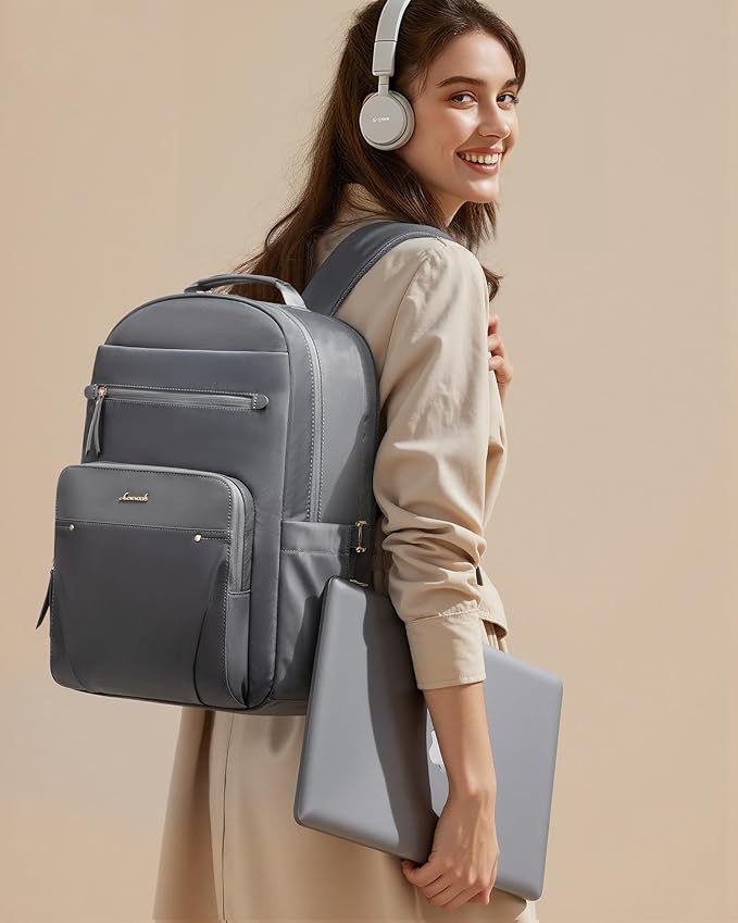 LOVEVOOK Laptop Backpack for Women with Leather Trim & Tumbler Pockets, 15.6" Work Backpack Purse, Travel Personal Item Bag, Carry On Business Computer Bag for Office, School, Gift, Lustrous Graphite