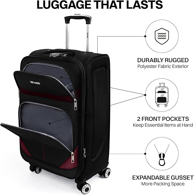 2-Piece Set Front Opening,Softside Luggage Sets w/Double Spinner Wheels Expandable Luggage,Lightweight Travel Luggage Rolling Suitcase w/LOCK（Black-Burgundy,20in/28in）