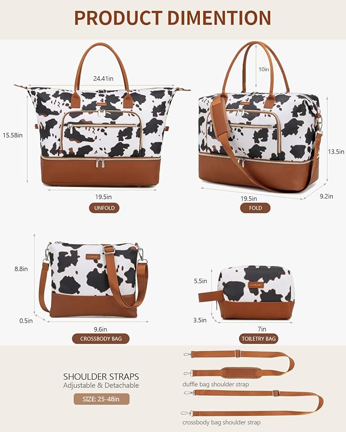 Weekender Bags for Women, Travel Duffle Bag Carry On Overnight Bag with Cosmetics Bag and Crossbody Purse for Gym Hospital, Gifts for Women, Cow Print Brown