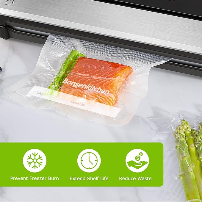 Bonsenkitchen Precut Vacuum Food Sealer Bags 100 Pint 6" x 10", BPA Free, Commercial Grade Textured Food Vacuum Sealer Bag, Thick Embossed Bags for Food Storage and Sous Vide Cooking VB3204