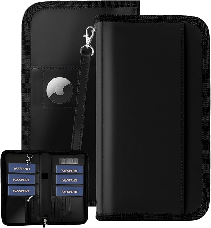 GOAUS Passport Holder with AirTag Slot, PU Leather Travel Document Organizer, Multiple RFID Blocking Wallet for Family of 4 to 6 Black