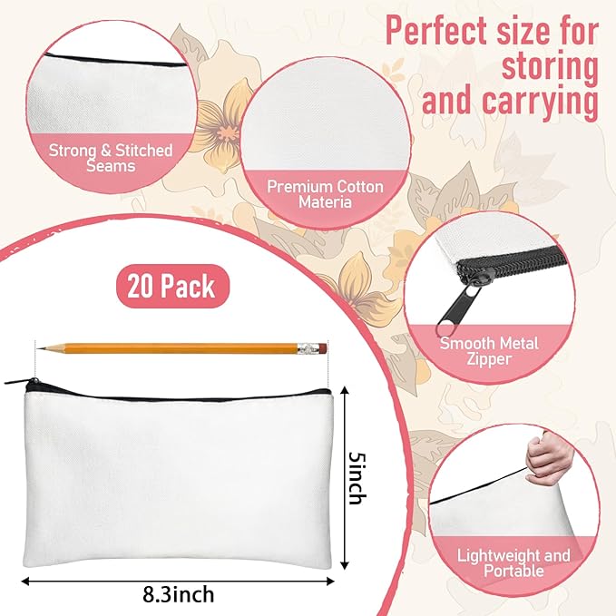 Legigo Blank Canvas Bag Zipper Pouch Makeup Bags Bulk - Multi-Purpose Canvas Pencil Pouch with Sturdy Zipper, Cosmetic Bag Travel Toiletry Bag for DIY Craft Projects, Storage (8.3 x 5 inches)