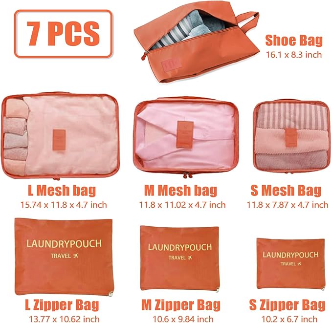 7 Set Packing Cubes for Travel Luggage Packing Bags Reusable Waterproof Suitcase Organizer Bags Set with Shoe Bag and Toiletry Bag (Orange)