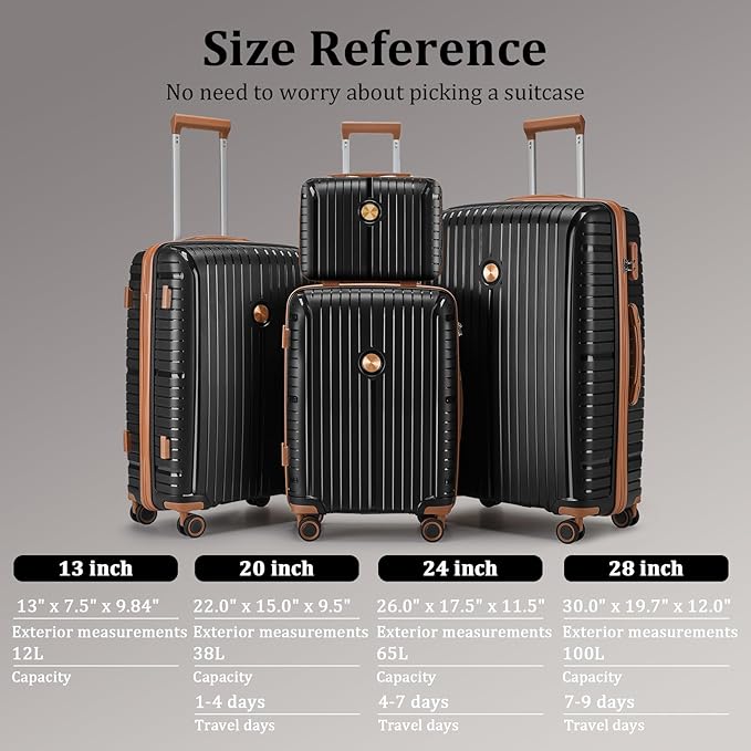 Joyway Luggage Sets 6 Piece PP Hardside Carry on Suitcase with Spinner Wheels and TSA Lock for Travel, Black Brown
