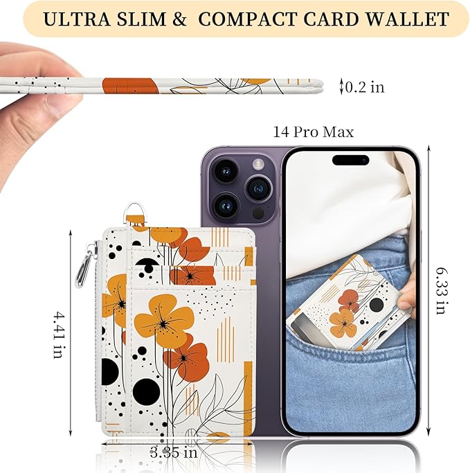Hancynir Slim Wallet Women Credit Card Holder Abstract Boho Flower RFID Small Mini Card Case Front Pocket PU Leather Thin Travel Zipper Coin Cash ID Window Ladies Female Wallet Gifts