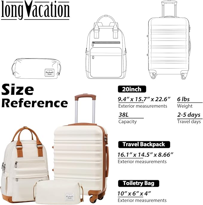 LONG VACATION Carry On Luggage Sets 3 Piece 20 Inch Suitcase Set, ABS+PC Hardshell Lightweight Travel Luggage with Spinner Wheels & YKK Zipper TSA Lock (20 INCH (BP/TB), BEIGE-BROWN)