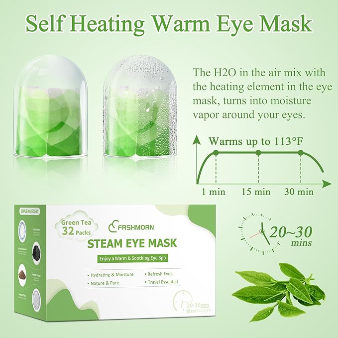 32Packs Steam Eye Mask, Heated Eye Mask for Sleeping, Warm Compress for Eyes, Self Heating Disposal Steam Mask for Home Sleep, Office, Spa, Travel Essentials Valentine's Day Gift (Green Tea)