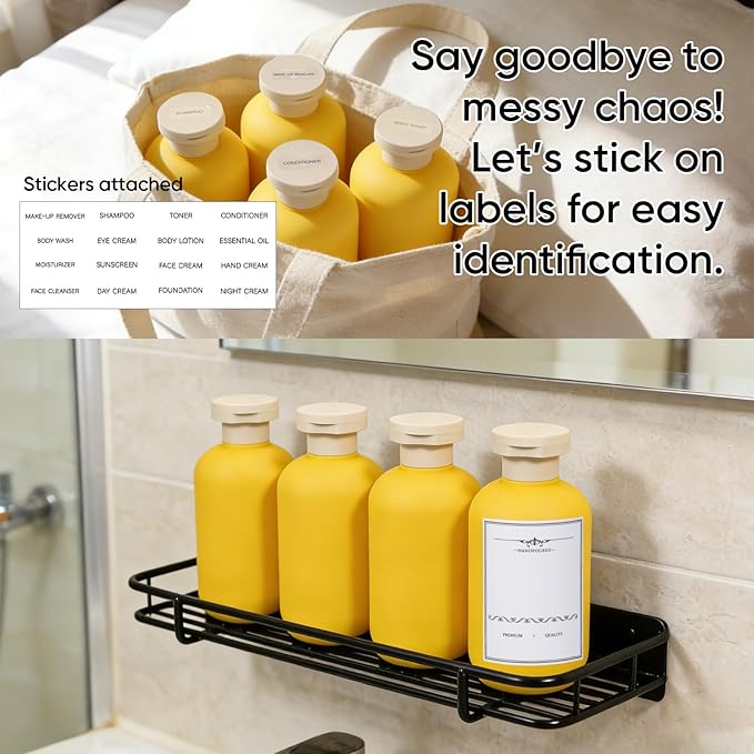 DEMORA 6.6oz Travel Bottles for Toiletries, Larger Plastic Travel Squeeze Bottles Leak Proof Refillable Toiletry Containers with Flip Caps and Labels for Shampoo Conditioner Lotion (Yellow, 4 Pcs)