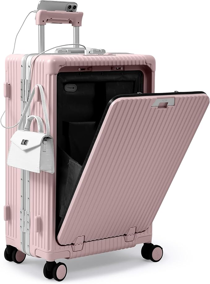 Nobl Travel Zipperless Check In Suitcase - Aluminum Frame, Medium Check In luggage 27x17.5x10.4 Airline Approved by Noble Travel - Polycarbonate Shell - TSA Locks, 360° Spinner Wheels - Blush