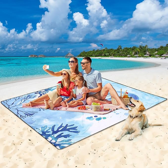 Beach Blanket Sandproof Extra Large Beach Mat Adults Waterproof Quick Drying Sand Free Mat Made By Premium Polyester With 4 Stakes & 4 Corner Pockets For Outdoor Travel Camping Hiking