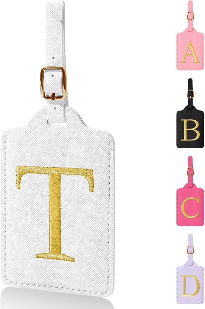 Personalized Initial Luggage Tags for Suitcases,Leather Letter Cute Luggage Tags with Privacy Name Card,Embroidered Monogrammed Travel Bag Backpack Tag Gifts for Women Kids Girls Teens(White-T)