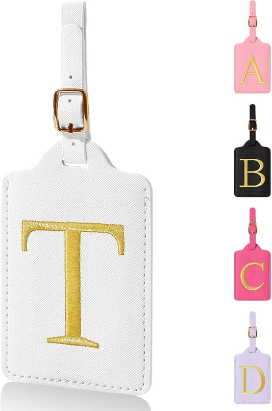 Personalized Initial Luggage Tags for Suitcases,Leather Letter Cute Luggage Tags with Privacy Name Card,Embroidered Monogrammed Travel Bag Backpack Tag Gifts for Women Kids Girls Teens(White-T)