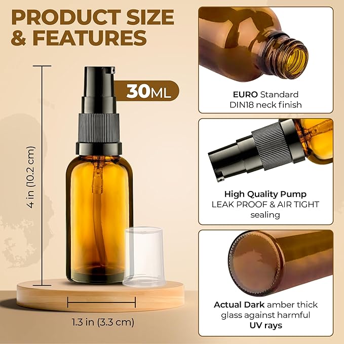 3 Pack Empty Refillable Glass Amber Pump Bottle Ideal for Lotion Cream Essential Oil Travel Small Container, 30ml