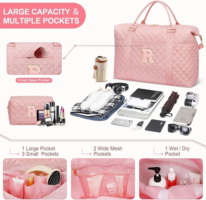 Gifts for Teen Girl, Initial Travel Duffle Bag, Personalized Women Weekender Overnight Bags, Gift for Daughter Kid Mom Friend College Girl Graduation Teacher（Pink,R)
