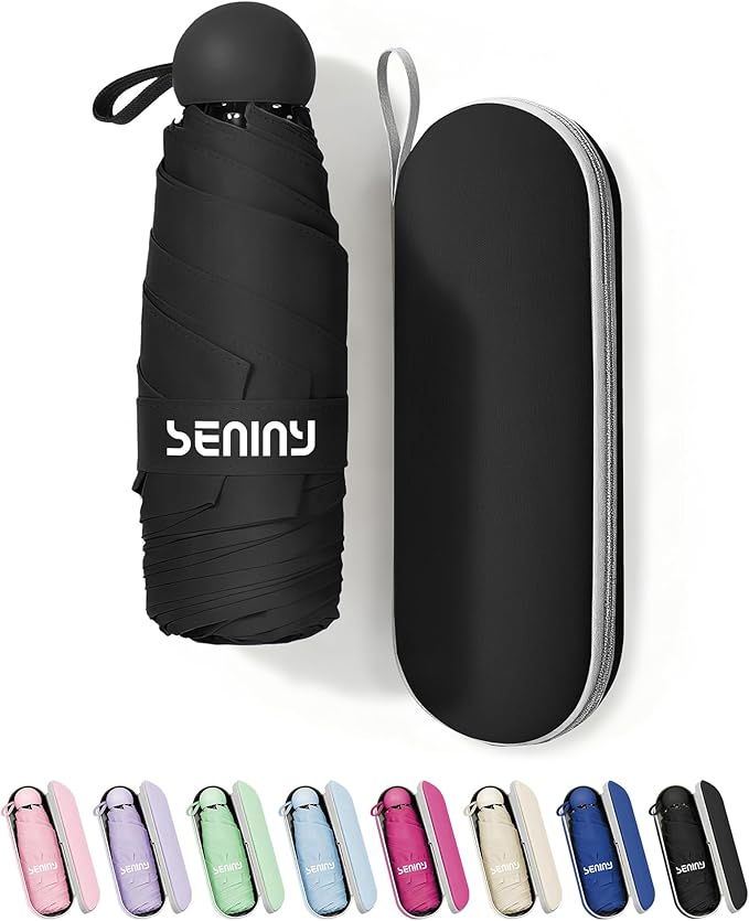 Seniny Mini Portable Travel Umbrella with Case - Compact Umbrellas for Rain & Sun UV Protection for Backpack Pocket, Lightweight Folding Small Umbrella, Tiny Purse Size UV Blocker for Kids Women Girls