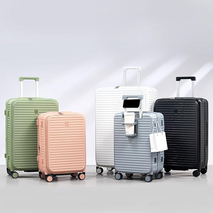 HanTrip Hard Shell Expandable Luggage Sets 2 Piece with Spinner Wheels Cup Holder, Top Opening Lightweight Luggage Rolling Suitcase with Lock, Carry On And Checked Luggage Set 2 Piece (White, 20/28)