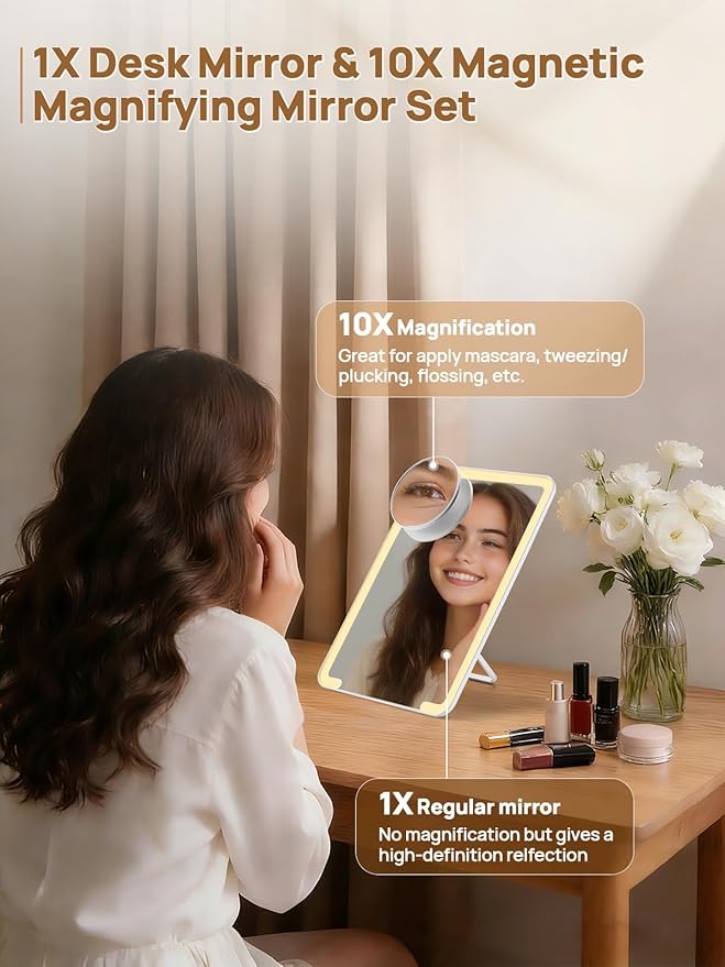 OMIRO Lighted Makeup Mirror with 10X Magnifying Mirror, 10 x 7 inches Desk Mirror with Adjustable Stand and 3 Lighting Modes for Shaving and Travelling, White