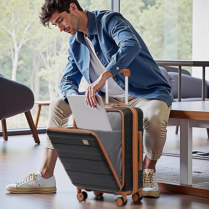 imiomo Carry on Luggage Airline Approved with Front Pocket and USB Port, Hard Shell 20 Inch Travel Carry-on Suitcase with Spinner Wheels and TSA Lock, Black Brown