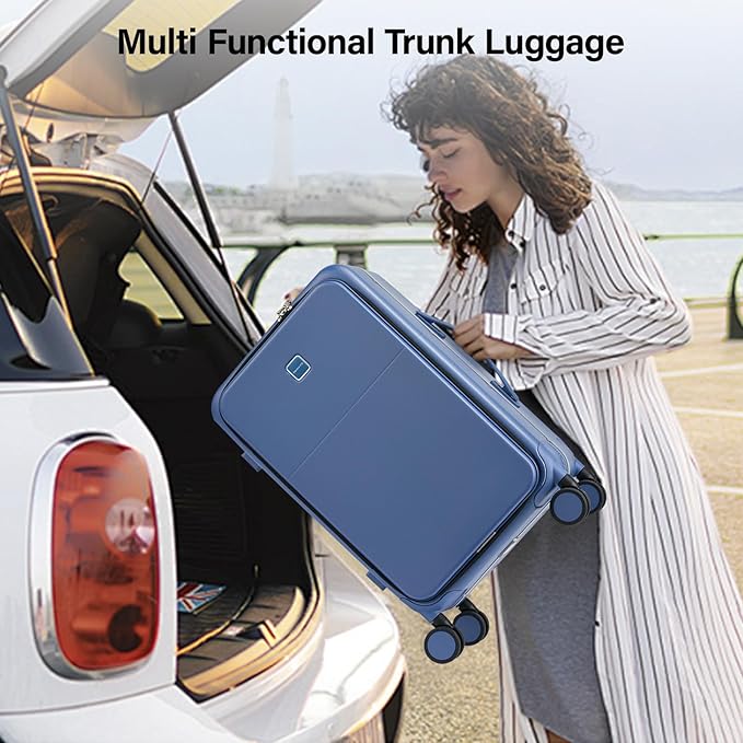 Hanke 24 Inch Luggage with Cup Holder and Charge,Top Opening Hard Shell Suitcases with Wheels and Dividers,Aluminum Frame Trunk Luggage Medium Checked Suitcase with Lock for Travel,Interstellar Blue