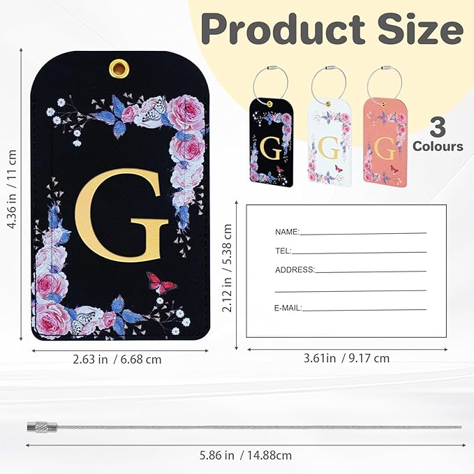 3 Pack Luxury Floral Luggage Tags, Durable PU Leather Suitcase Tags with Stainless Steel Cable Strap, Hidden ID Slot for Privacy Protection, Easy to Identify Waterproof Travel Accessories Gift (G)