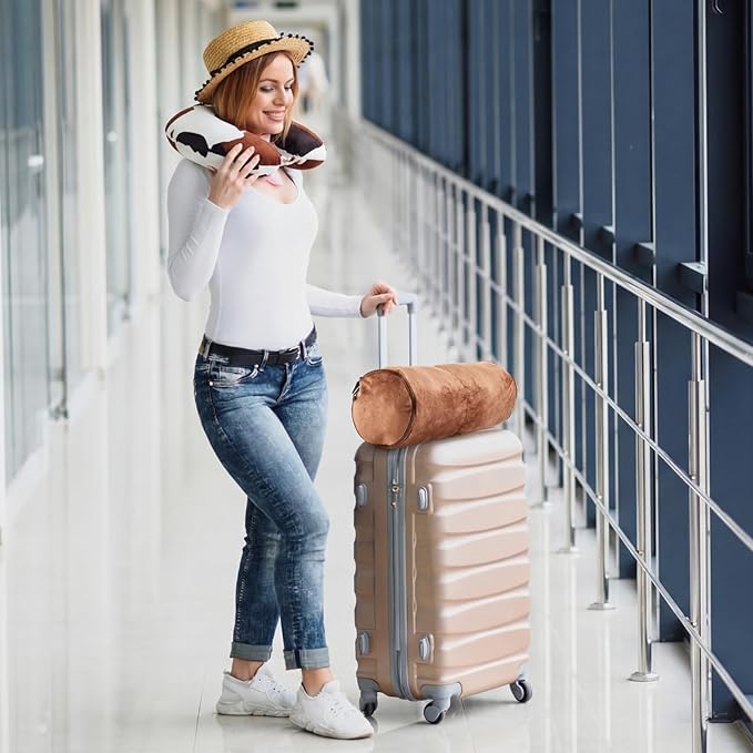 5 Pcs Travel Pillow and Blanket Set, 5 in 1 Travel Airplane Compact Includes 40 x 60 Inch Throw Blanket Eye Mask Neck Pillow Earplug and Bag Gifts for Travelers Women(Cow Print,Brown)