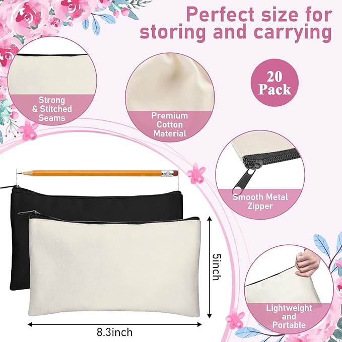 Legigo Blank Canvas Bag Zipper Pouch Makeup Bags Bulk - Multi-Purpose Canvas Pencil Pouch with Sturdy Zipper, Cosmetic Bag Travel Toiletry Bag for DIY Craft Projects, Storage (8.3 x 5 inches)