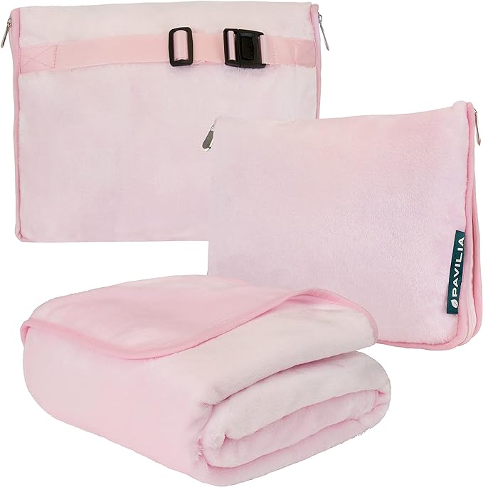 PAVILIA Travel Blanket Pillow, Soft Airplane Blanket 2-in-1 Combo Set, Plane Blanket Compact Packable, Flight Essentials Car Pillow, Travelers Gifts Accessories, Luggage Backpack Strap, 60x43 Pink
