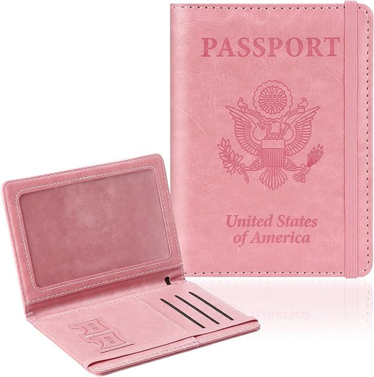 Passport Holder for Travel, RFID Blocking Passport Cover with Pen Holder Leather Passport Wallet Case Travel Must Haves Accessories Passport Book Card Holder for Family Travel Essentials Gifts, Pink