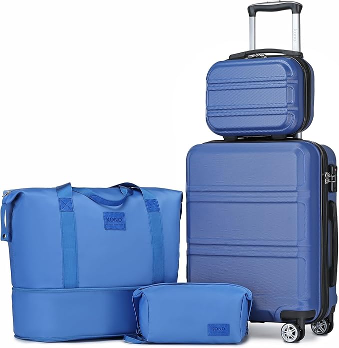 Kono Luggage Set 4 Piece Carry On Lightweight PC+ABS Hardside Luggage with TSA Lock Spinner Wheels Carry On Suitcase Navy