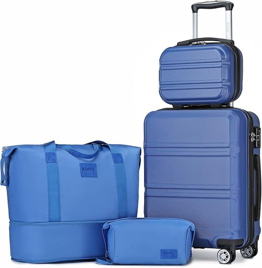 Kono Luggage Set 4 Piece Carry On Lightweight PC+ABS Hardside Luggage with TSA Lock Spinner Wheels Carry On Suitcase Navy