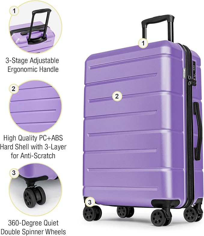 KYME Luggage Sets 2 Piece Suitcase Set Hardshell 20 inch/24 inch Luggage with Spinner Wheels Hardside PC+ABS Checked Medium Suitcase with TSA Lock for Women Lt Purple