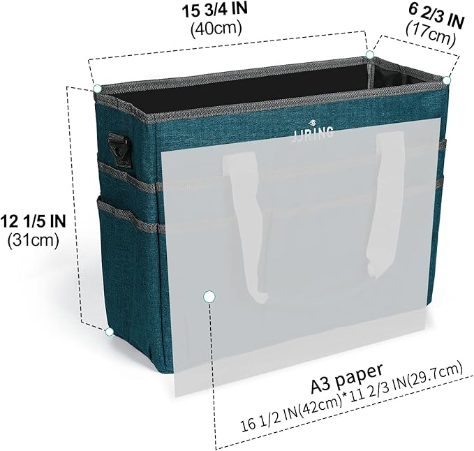 JJRING Craft Organizer Tote Bag, Large Art Storage Caddy with Multiple Pockets, Bluish Green Sewing Bag for Art, Craft, Scrapbooking, School, Medical, and Office Supplies Storage