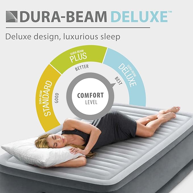 Intex 67765ED Dura-Beam Deluxe Comfort-Plush Mid-Rise Air Mattress : Fiber-Tech – Twin Size – Built-in Electric Pump – 13in Bed Height – 300lb Weight Capacity