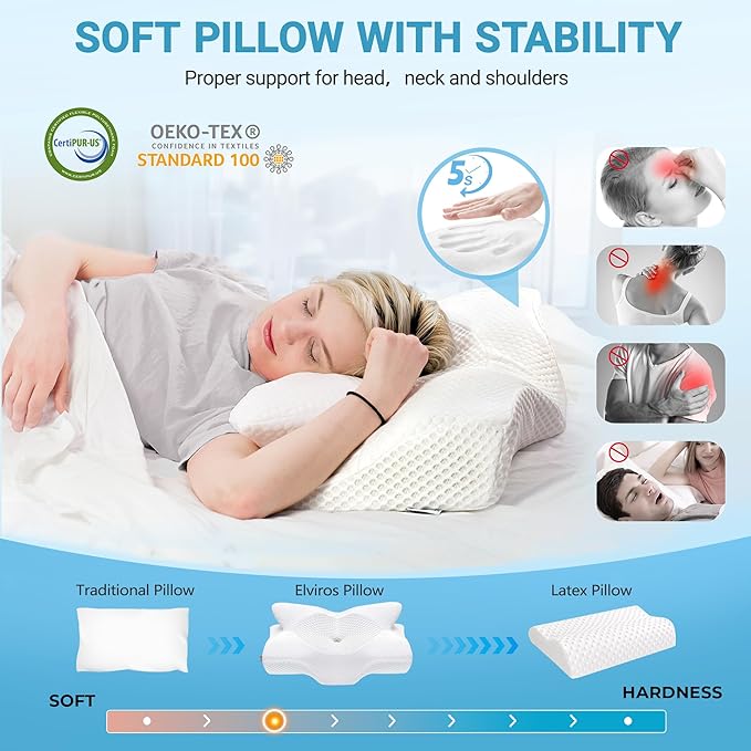 Elviros Cervical Memory Foam Pillow, 2 Pack Pillows for Neck and Shoulder Pain, Ergonomic Orthopedic Sleeping Neck Support Pillow for Side Sleepers, Stomach Sleepers (Blue)