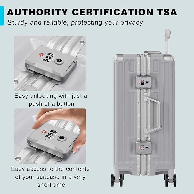 AnyZip Luggage PC+ABS Aluminum Frame Zipperless Checked Luggage Hard Shell Suitcase with TSA Lock Double Spinner Wheels 24 Inch Silver